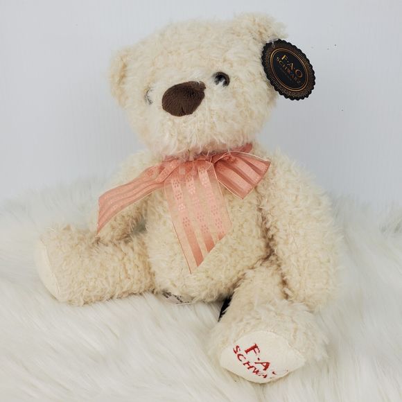 Fao Schwarz Cream Fuzzy Peach Striped Bow Teddy Bear Plush 9.5" NWT - Picture 3 of 14